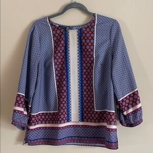 Talbots Blue and Burgundy Geometric Blouse